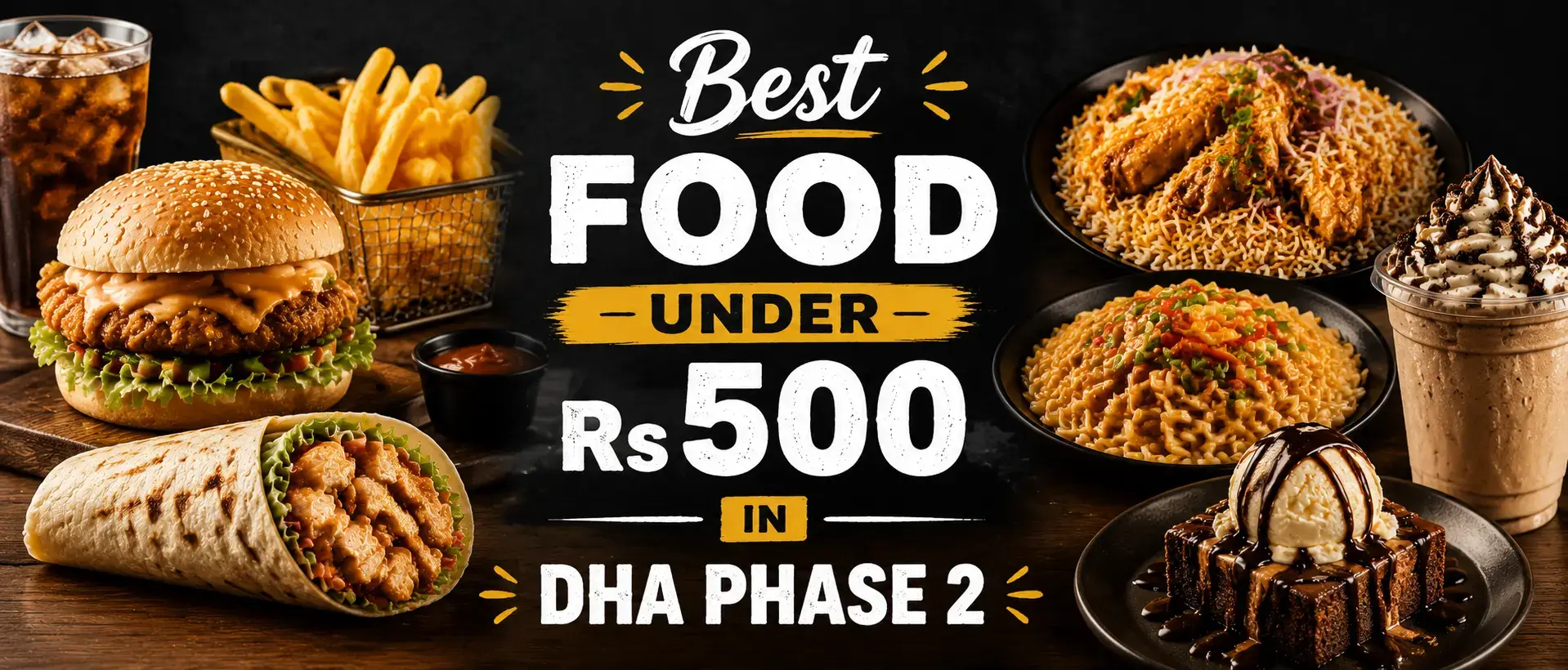 Best Food Under Rs 500 in DHA Phase 2 hero banner showing a variety of fast-food and comfort dishes including burger, fries, biryani, noodles, dessert, and drinks on a wooden tabletop, bold central text highlighting 'Best Food Under Rs 500', mobile-optimized.