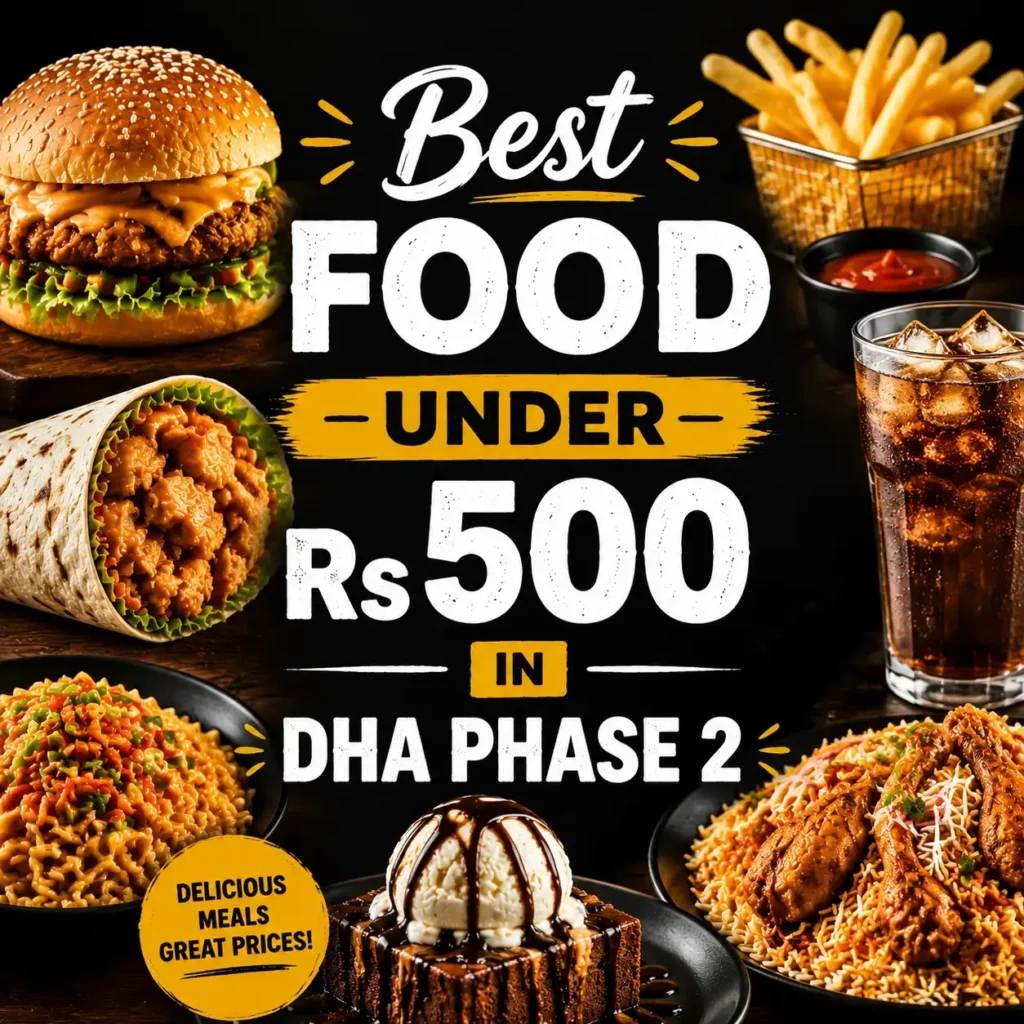 Best Food Under Rs 500 in DHA Phase 2 thumbnail featuring close-up of a burger, fries, cola, wrap, biryani, and dessert with bold central text 'Best FOOD Under Rs 500', high contrast dark background, optimized for mobile display.