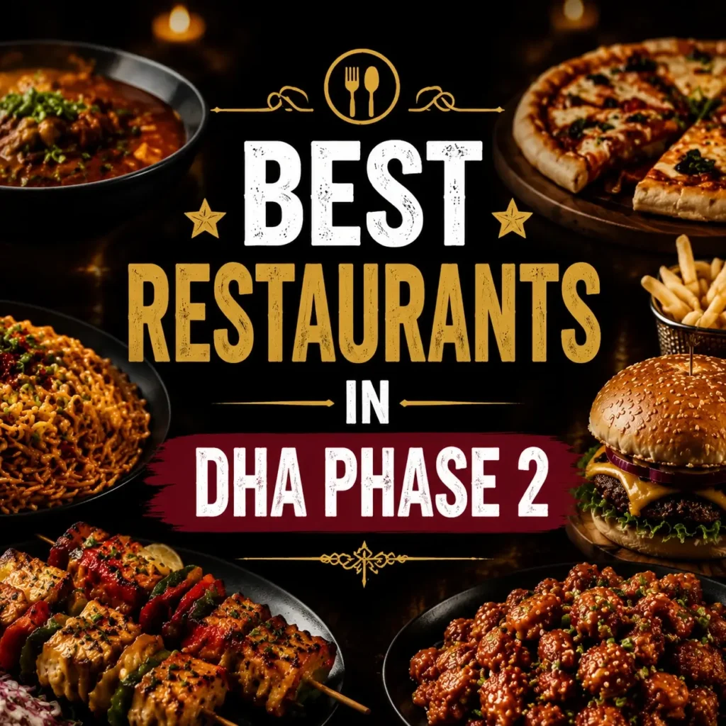 Best Restaurants in DHA Phase 2 thumbnail featuring a close-up of gourmet dishes like curry, noodles, burgers, and pizza, bold centered text over dark high-contrast background, optimized for mobile display.