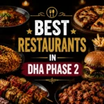 Best Restaurants in DHA Phase 2 thumbnail featuring a close-up of gourmet dishes like curry, noodles, burgers, and pizza, bold centered text over dark high-contrast background, optimized for mobile display.
