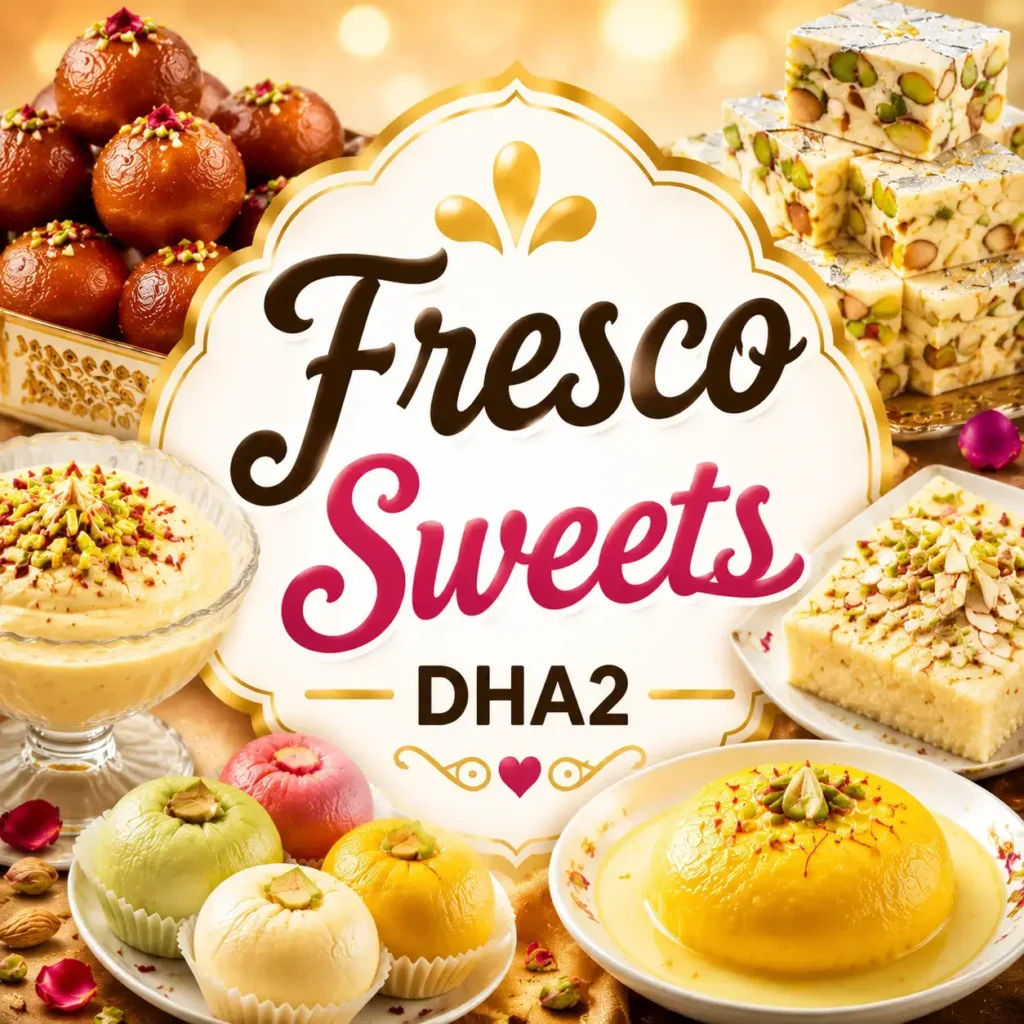Fresco Sweets DHA2 square thumbnail showing a rich assortment of Indian sweets including gulab jamun, barfi, and milk-based desserts, arranged around a decorative central logo with golden festive styling and centered text optimized for mobile viewing.