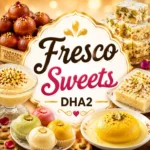 Fresco Sweets DHA2 square thumbnail showing a rich assortment of Indian sweets including gulab jamun, barfi, and milk-based desserts, arranged around a decorative central logo with golden festive styling and centered text optimized for mobile viewing.