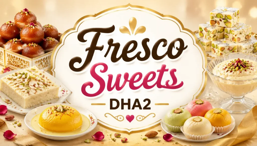 Fresco Sweets DHA2 elegant hero banner featuring traditional sweets such as gulab jamun, barfi, and creamy desserts arranged around a central ornate logo, with a warm golden background and centered branding text designed for mobile-friendly display.