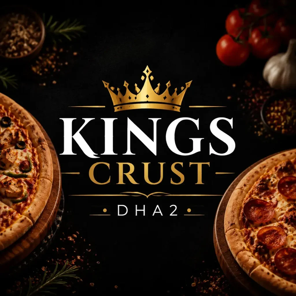 Kings Crust DHA2 restaurant promotional image featuring centered gold crown logo and text on dark background with pizzas, herbs, and food styling elements.