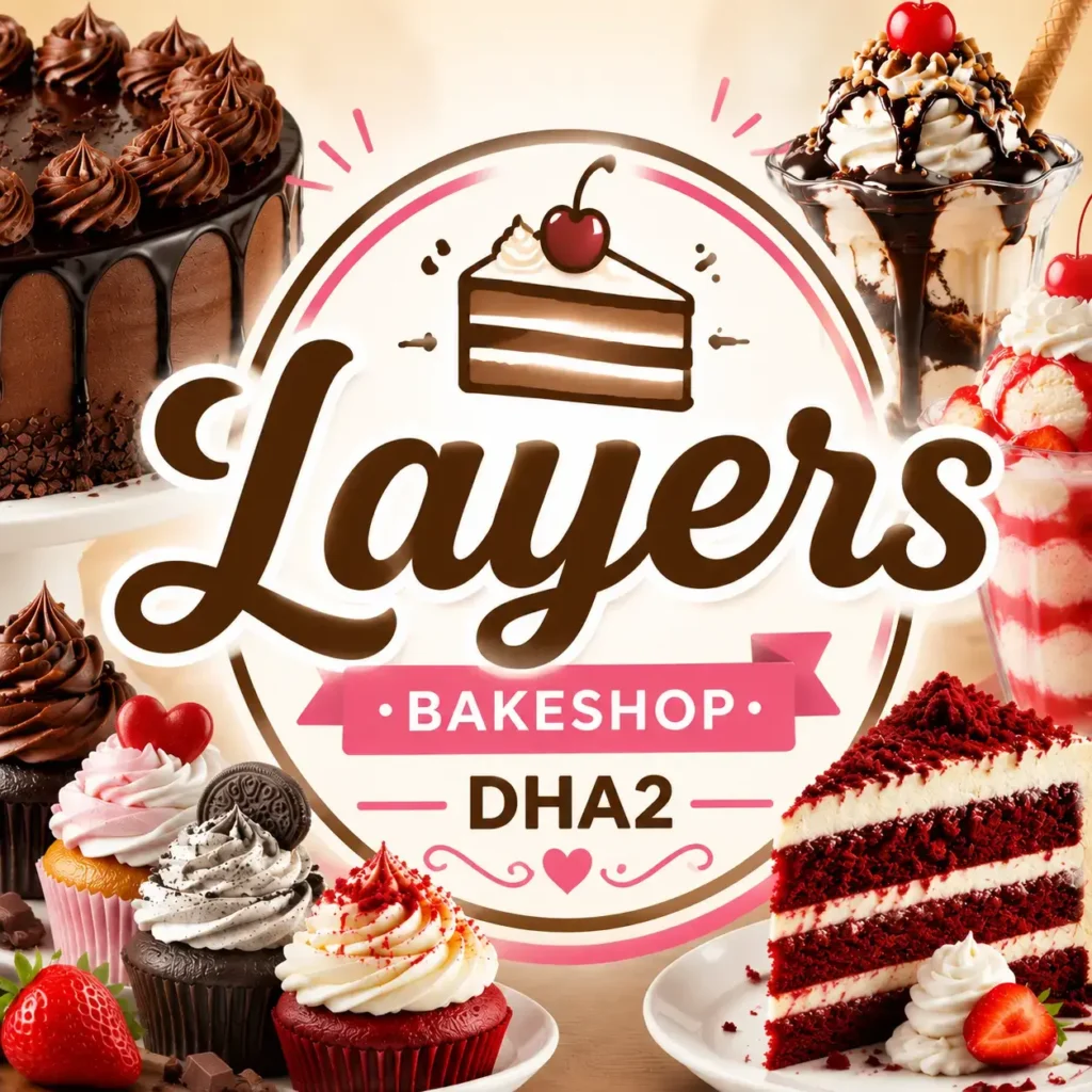 Square Layers Bakeshop DHA2 promotional thumbnail showing assorted desserts such as cakes, cupcakes, ice cream sundaes, and red velvet slices surrounding a central logo, with a clean bakery-themed design and centered branding text for high visibility on mobile.