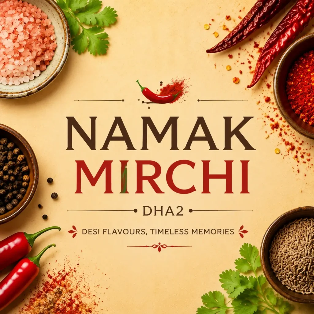 Square thumbnail design for Namak Mirchi DHA2 showing centered bold brand text on a warm beige background, decorated with colorful spices, red chilies, and herbs around the edges, creating a clean and eye-catching food brand identity