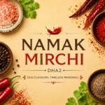 Square thumbnail design for Namak Mirchi DHA2 showing centered bold brand text on a warm beige background, decorated with colorful spices, red chilies, and herbs around the edges, creating a clean and eye-catching food brand identity