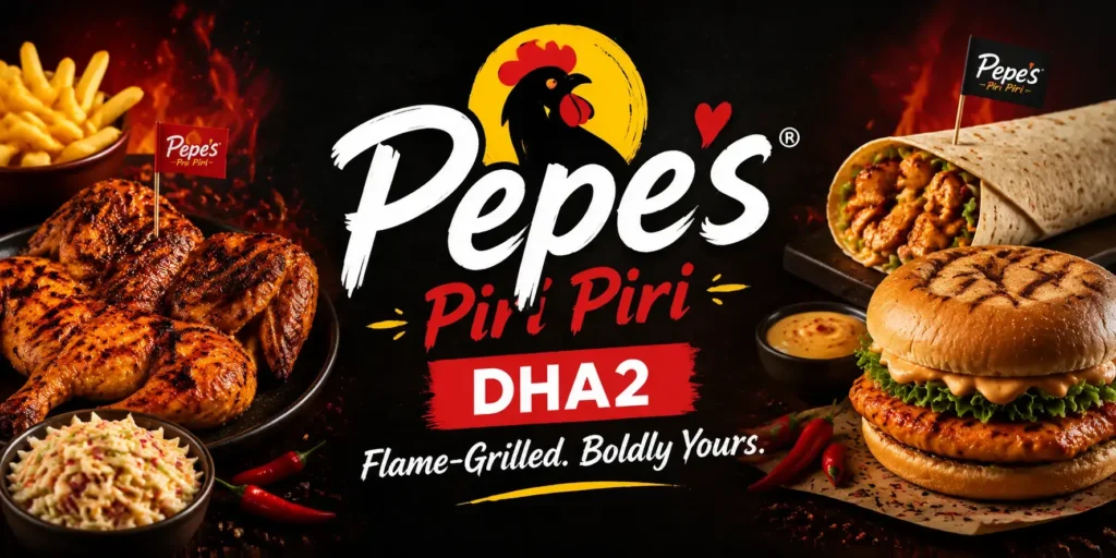 Pepe’s Piri Piri DHA2 wide hero banner featuring flame-grilled chicken, wraps, fries, and burgers arranged around a bold central logo with fiery red and orange background, emphasizing a spicy grilled theme with centered branding for mobile optimization.