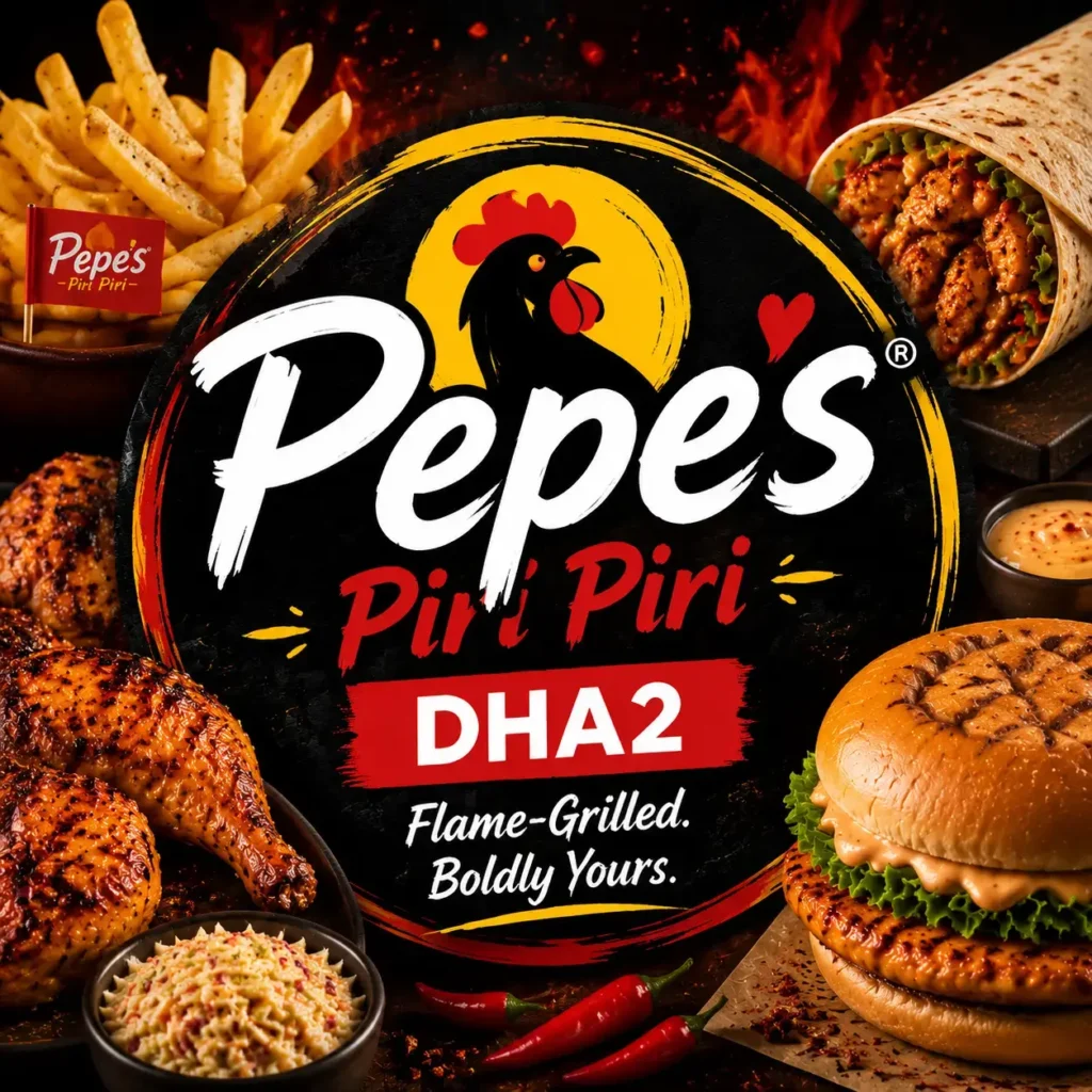 Pepe’s Piri Piri DHA2 square thumbnail showing grilled chicken, fries, burgers, and wraps surrounded by flames and a central circular logo, designed with a high-contrast dark and fiery theme with centered branding for strong mobile visibility.