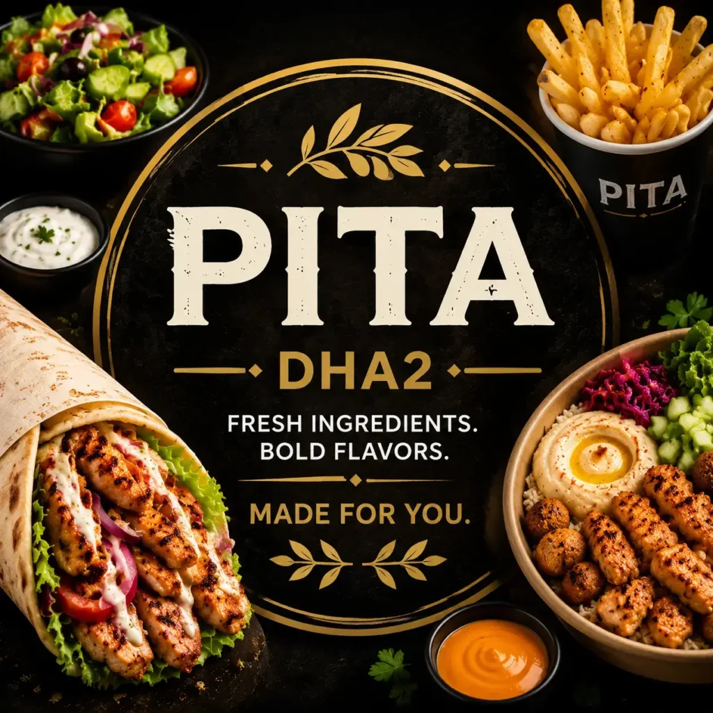 Pita DHA2 square thumbnail showing a vibrant assortment of pita wraps, fresh vegetables, sauces, and sides arranged around a central logo, with a premium dark-gold theme and centered text optimized for clear mobile visibility.