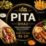 Pita DHA2 square thumbnail showing a vibrant assortment of pita wraps, fresh vegetables, sauces, and sides arranged around a central logo, with a premium dark-gold theme and centered text optimized for clear mobile visibility.