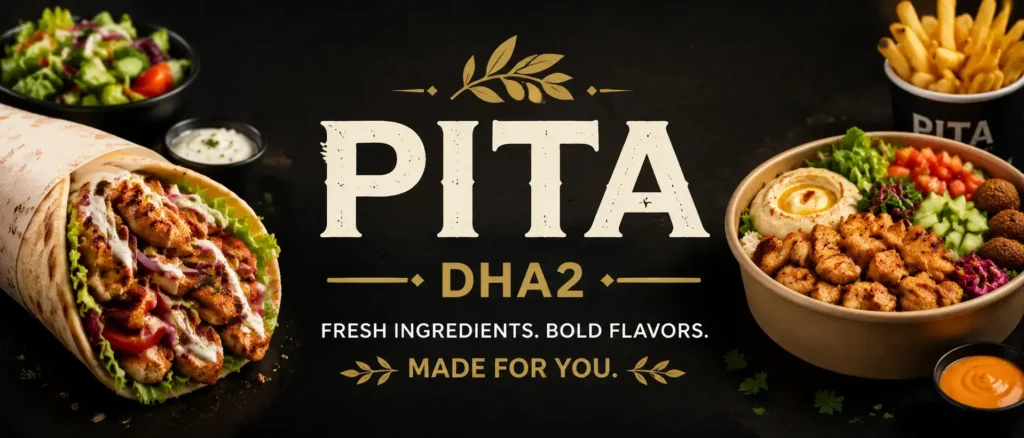 Pita DHA2 wide hero banner featuring fresh Mediterranean-style food including wraps, salads, dips, and fries arranged around a central “PITA DHA2” logo on a dark textured background with gold accents, designed with centered branding and mobile-optimized layout.