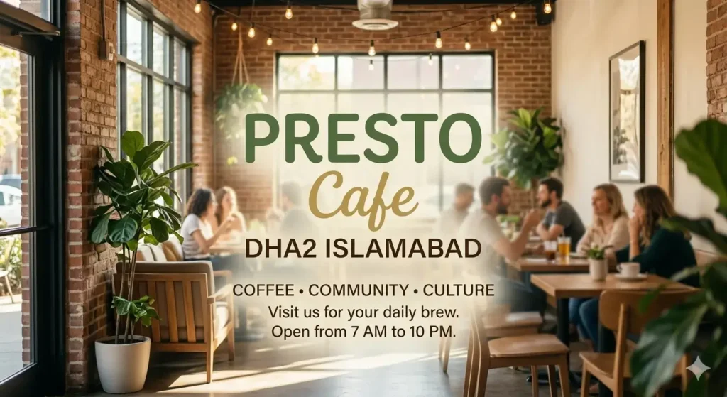 A hero image for PRESTO Cafe in DHA2 Islamabad, featuring a warm and inviting interior with patrons sitting at wooden tables, with centered text that reads "PRESTO Cafe", "DHA2 ISLAMABAD", "COFFEE • COMMUNITY • CULTURE", "Visit us for your daily brew.", and "Open from 7 AM to 10 PM."