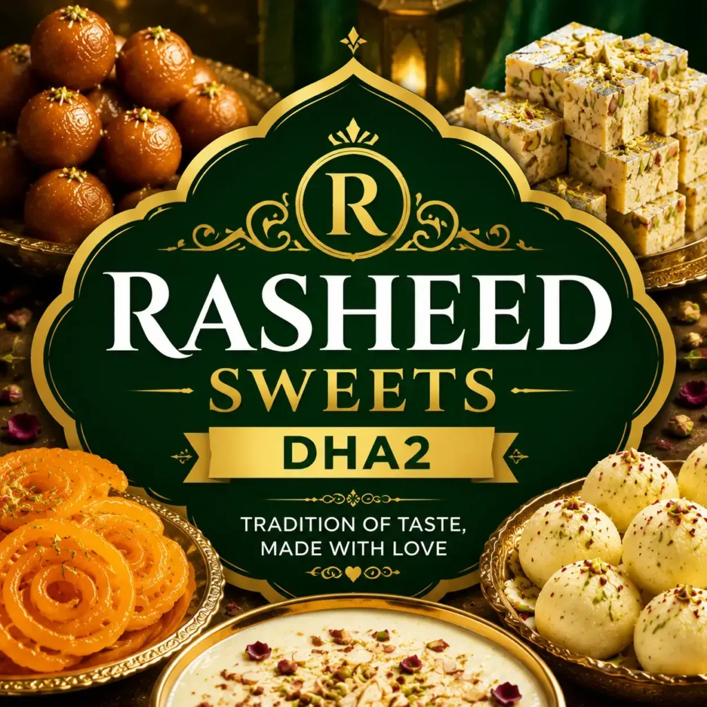 Rasheed Sweets DHA2 square thumbnail showing an elegant assortment of Indian sweets including gulab jamun, mithai, and nut-based desserts arranged symmetrically around a decorative gold-accented logo with centered text and festive premium presentation.