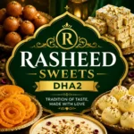 Rasheed Sweets DHA2 square thumbnail showing an elegant assortment of Indian sweets including gulab jamun, mithai, and nut-based desserts arranged symmetrically around a decorative gold-accented logo with centered text and festive premium presentation.