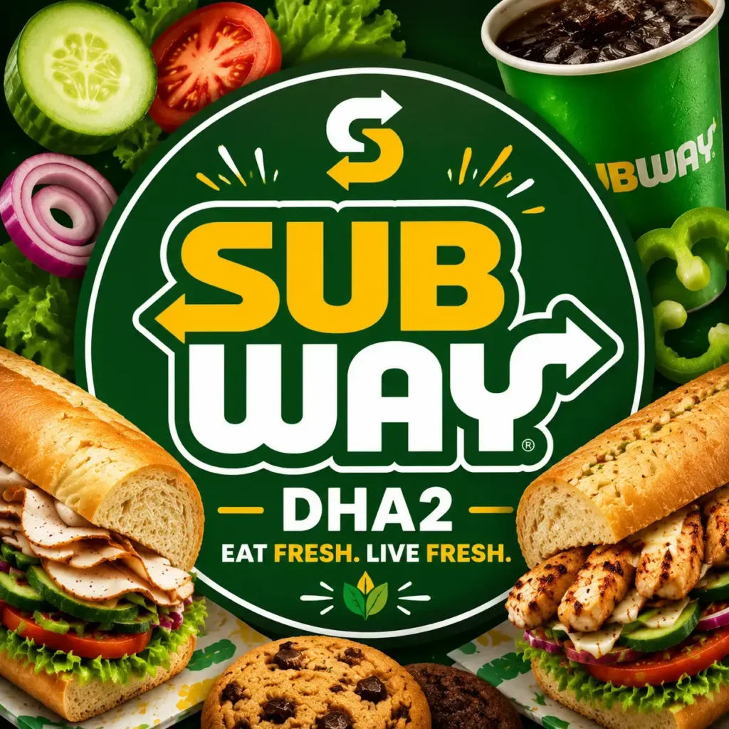 Subway DHA2 thumbnail featuring fresh vegetables, sandwiches, and drinks arranged around a central Subway-style logo on a dark green background, with bold centered branding and “Eat Fresh. Live Fresh.” tagline optimized for mobile viewing.