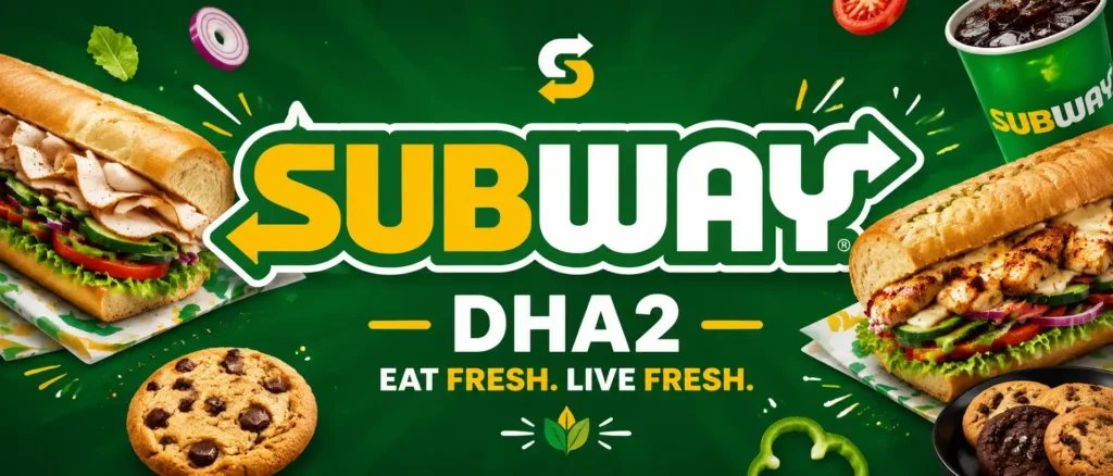 Subway DHA2 wide hero banner featuring fresh vegetables, sandwiches, and drinks arranged around a central Subway-style logo on a dark green background, with bold centered branding and “Eat Fresh. Live Fresh.” tagline optimized for mobile viewing.