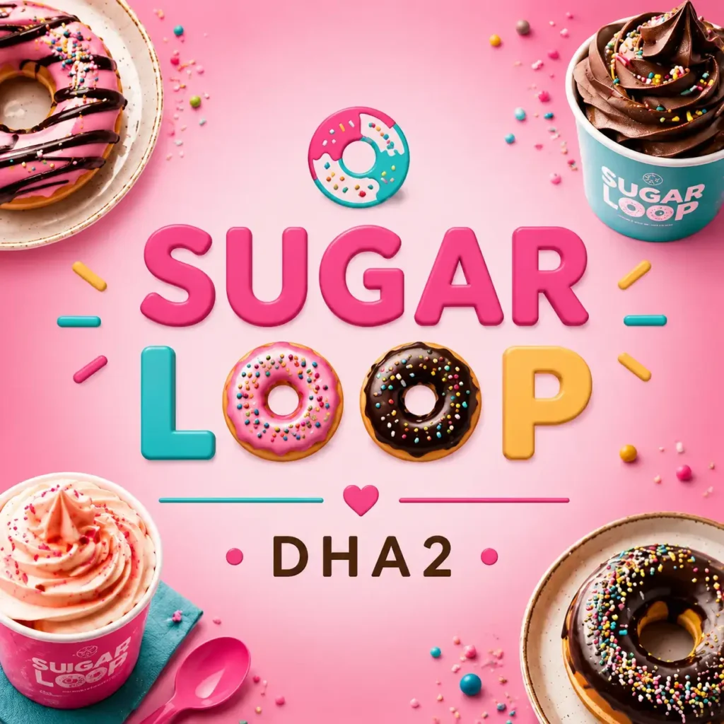 SUGAR LOOP DHA2 header-style promotional image with centered logo, donut-themed typography, and bright dessert visuals in a fun pastel layout.