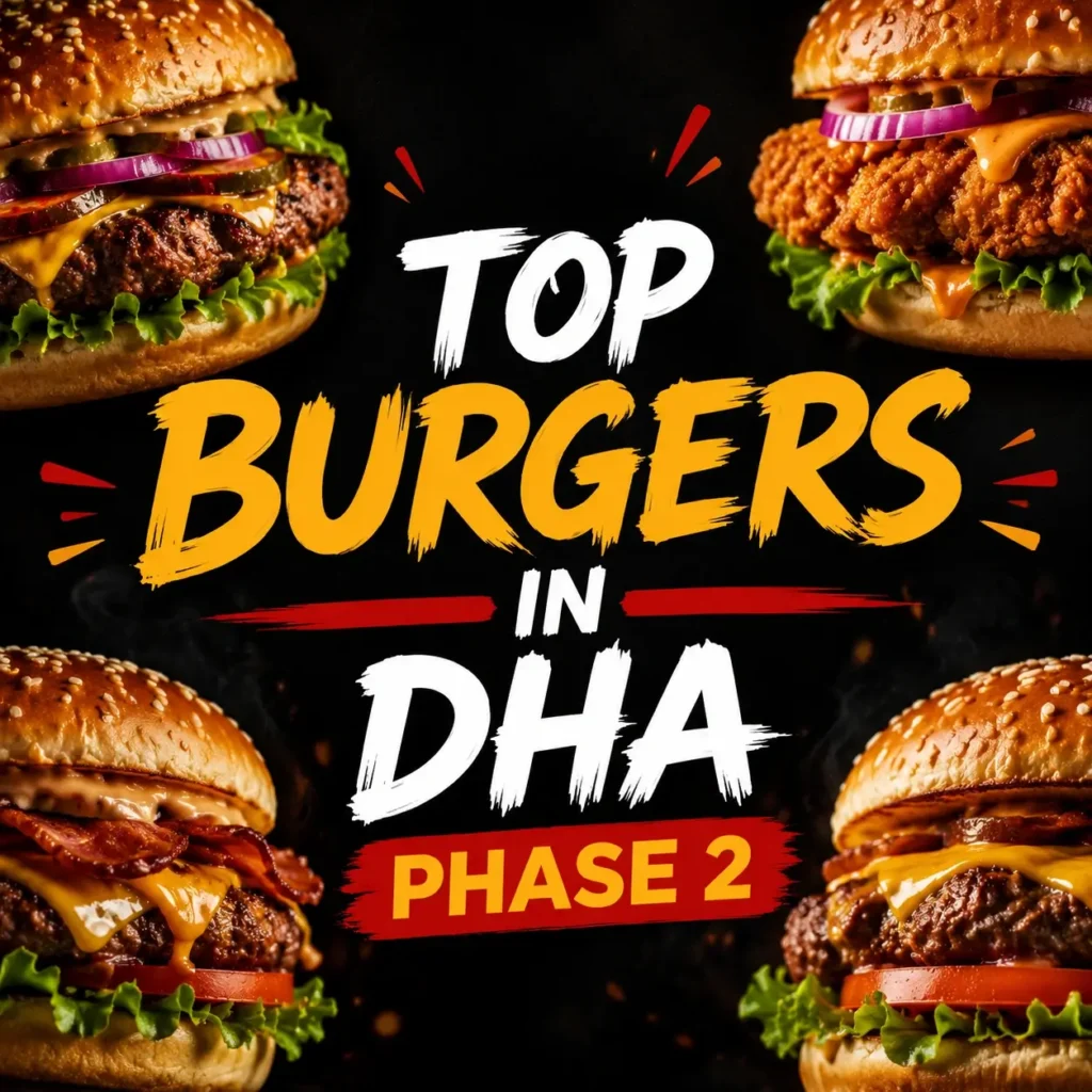 op Burgers in DHA Phase 2 thumbnail showing four close-up gourmet burgers with lettuce, cheese, bacon, and sauces framing bold centered text 'TOP BURGERS IN DHA PHASE 2', mobile-optimized.
