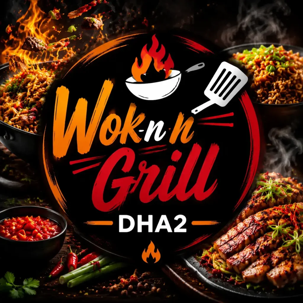 Wok n Grill DHA2 square thumbnail showing a bold circular logo with flames, wok cooking visuals, and grilled food dishes arranged around the frame, using high-contrast dark styling and centered branding for strong mobile visibility.