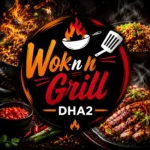Wok n Grill DHA2 square thumbnail showing a bold circular logo with flames, wok cooking visuals, and grilled food dishes arranged around the frame, using high-contrast dark styling and centered branding for strong mobile visibility.