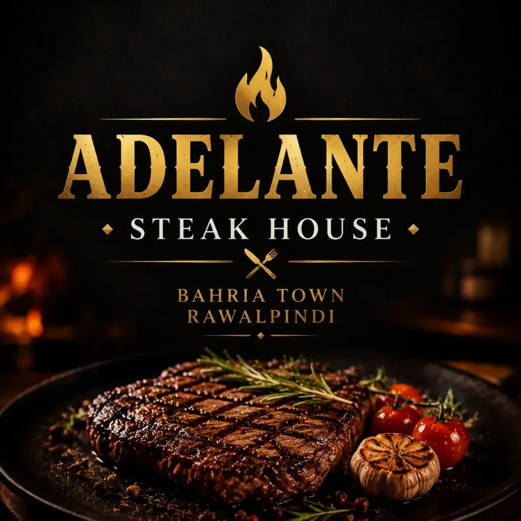 Luxury steak platter at Adelante Steak House Bahria Town Rawalpindi with a premium dining atmosphere, highlighted by South Islamabad Eats restaurant guide.