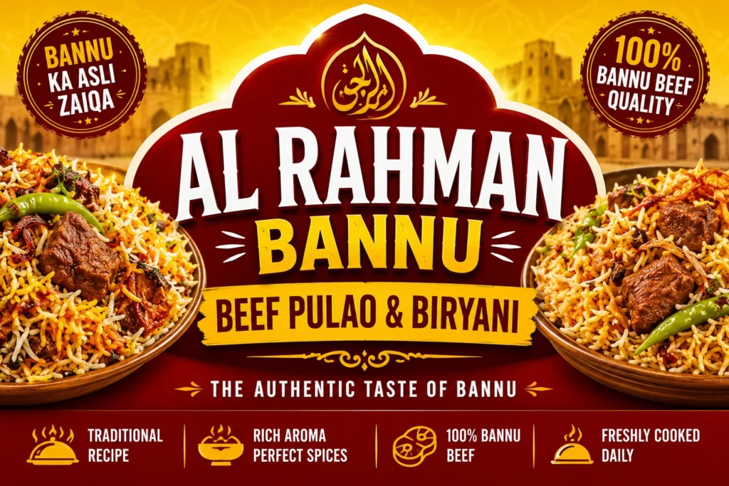 Al Rahman Bannu Beef Pulao and Biryani thumbnail featuring beef rice dishes with bold centered text optimized for mobile viewing