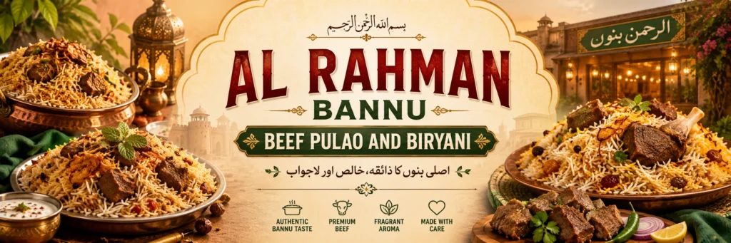 Bright hero banner for Al Rahman Bannu Beef Pulao and Biryani featuring aromatic rice tender beef and centered restaurant text