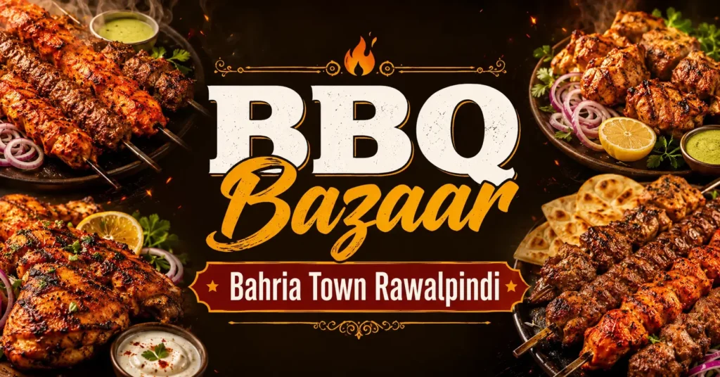BBQ Bazaar Bahria Town Rawalpindi thumbnail showing a colorful grilled BBQ platter with centered text, featured on South Islamabad Eats.
