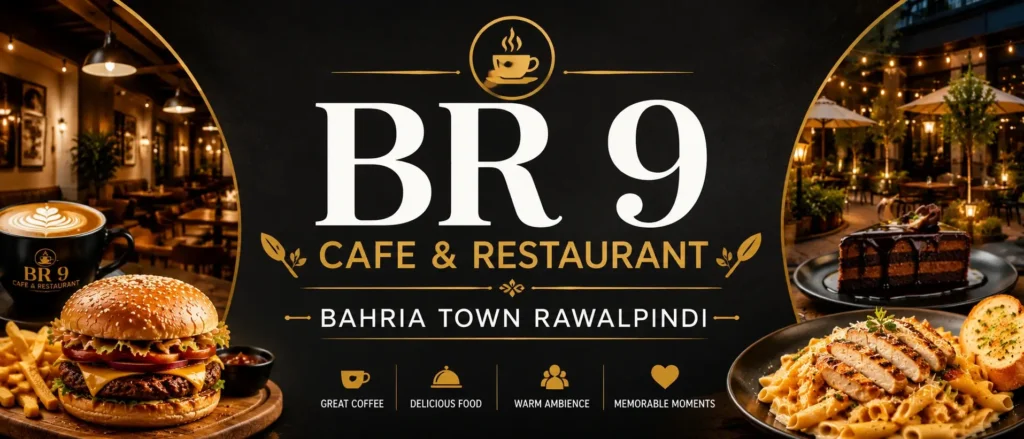 BR 9 Cafe and Restaurant Bahria Town Rawalpindi showcasing plated dishes, coffee, desserts, and a cozy dining ambiance with warm lighting, featured on South Islamabad Eats.