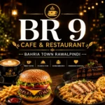 Mobile-optimized thumbnail of BR 9 Cafe and Restaurant Bahria Town Rawalpindi, highlighting a juicy burger, pasta, dessert, and coffee in a warm, inviting café atmosphere, promoted by South Islamabad Eats.