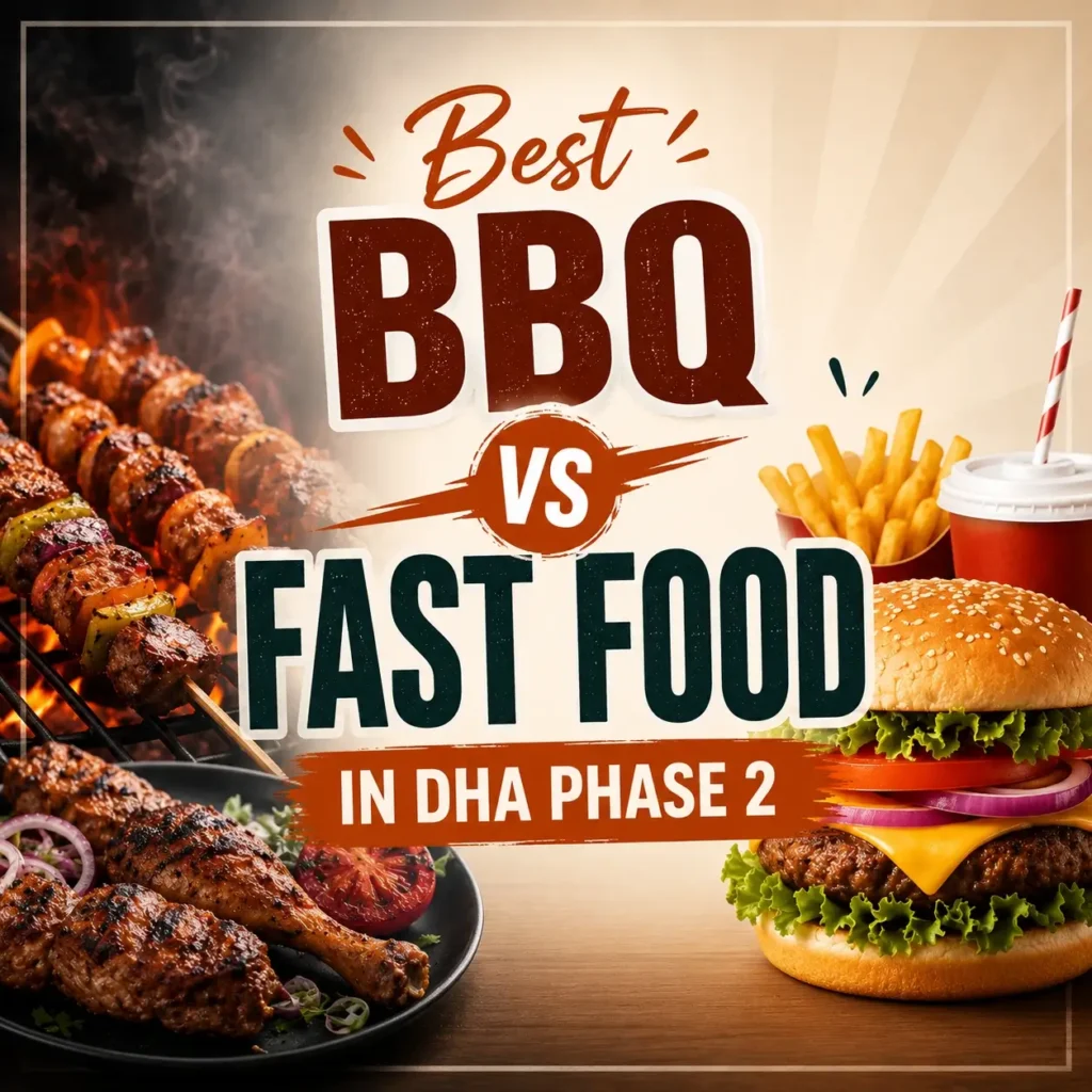 Best BBQ vs Fast Food in DHA Phase 2 thumbnail showing smoky BBQ dishes on one side and burgers, fries, and fast food on the other – South Islamabad Eats.