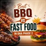 Best BBQ vs Fast Food in DHA Phase 2 thumbnail showing smoky BBQ dishes on one side and burgers, fries, and fast food on the other – South Islamabad Eats.