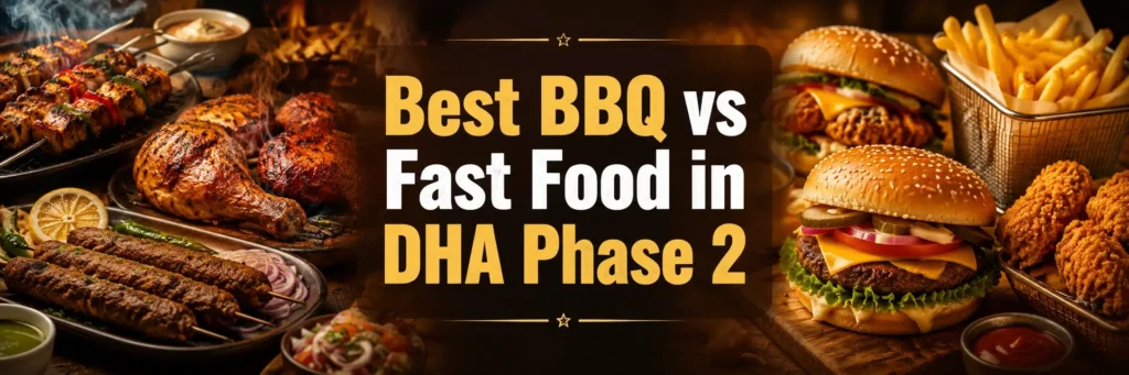 est BBQ vs Fast Food in DHA Phase 2 hero image featuring grilled chicken, kebabs, burgers, fries, and fried chicken – South Islamabad Eats.