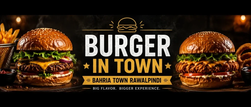 Burger In Town Bahria Town Rawalpindi showcasing gourmet burgers, golden fries, and crispy onion rings in a high-contrast, smoky dining ambiance, featured on South Islamabad Eats.