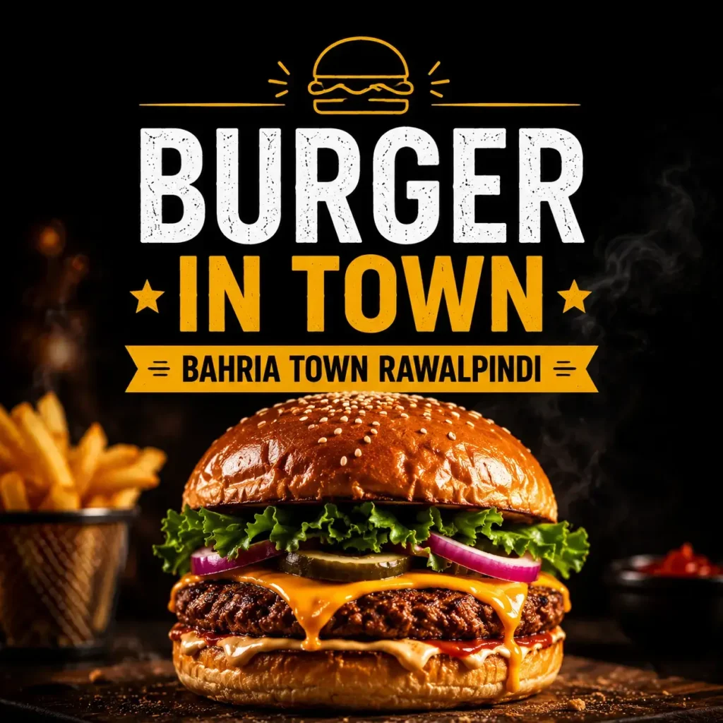 Close-up of a juicy, perfectly stacked burger from Burger In Town Bahria Town Rawalpindi with fries and onion rings, highlighted by South Islamabad Eats for mobile-friendly viewing.