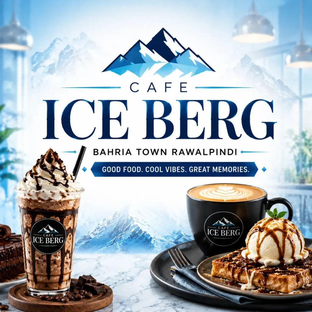 Mobile-optimized thumbnail of Cafe Ice Berg Bahria Town Rawalpindi, highlighting indulgent drinks, pastries, and café ambiance with bold centered text, promoted by South Islamabad Eats.