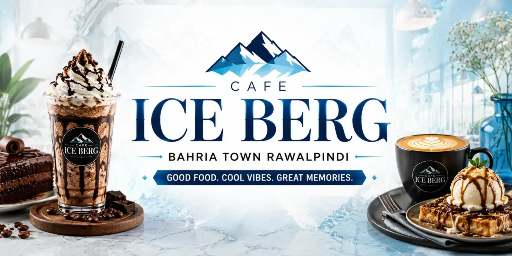 Cafe Ice Berg Bahria Town Rawalpindi featuring iced coffees, desserts, and pastries in a modern, bright café interior with cool blue accents, showcased on South Islamabad Eats.