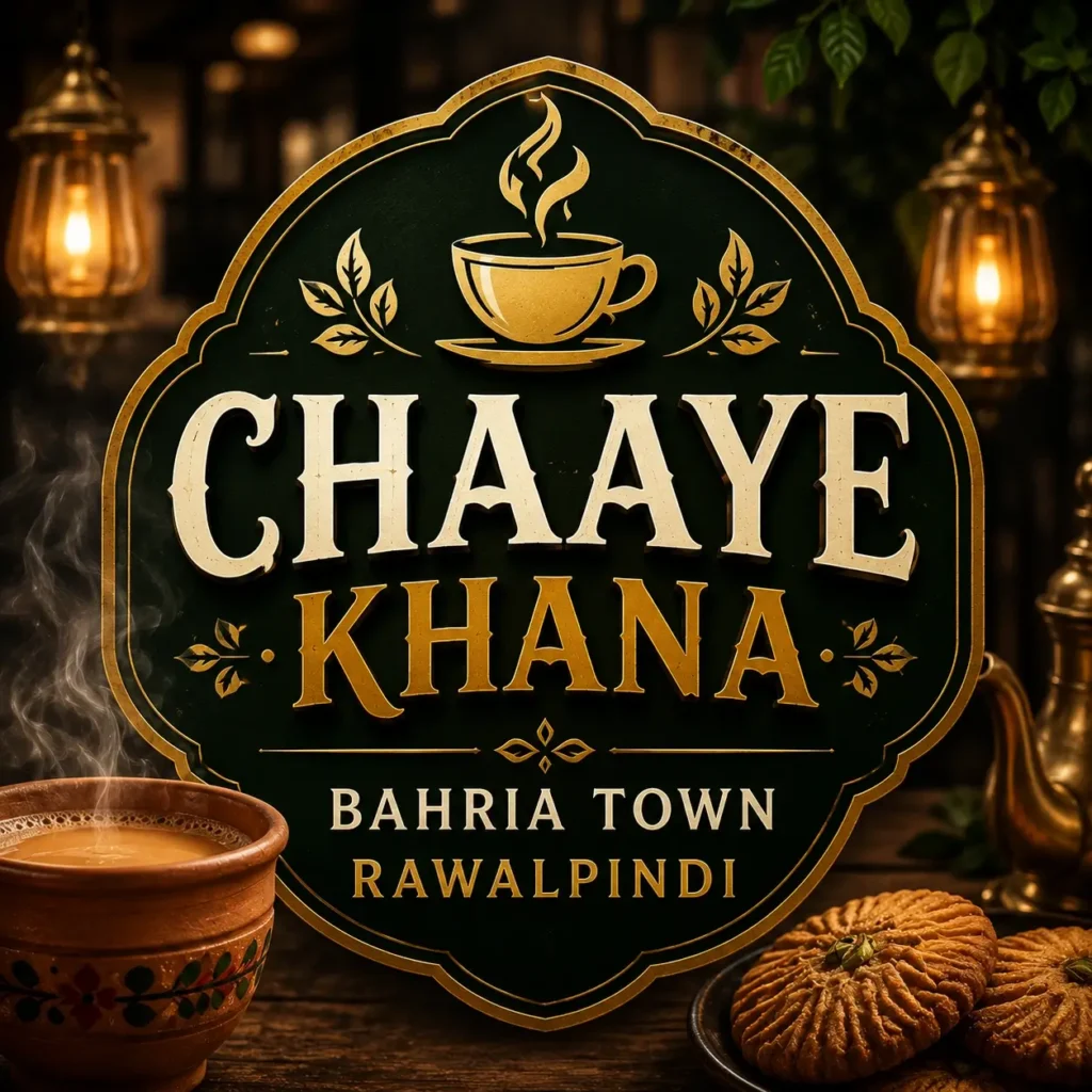 Richly designed circular logo for “Chaaye Khana – Bahria Town Rawalpindi,” featuring a steaming teacup, ornate gold accents, warm café background, and centered text for mobile-friendly display.