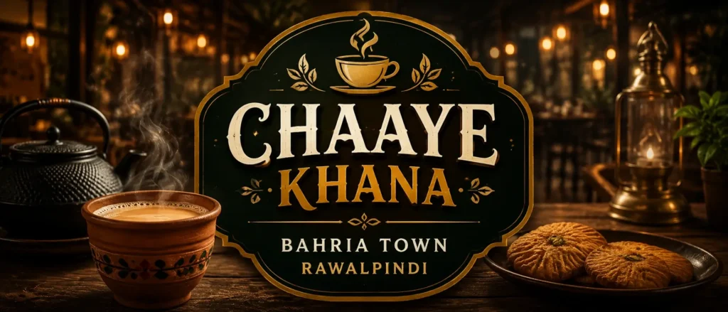 Cozy hero banner of “Chaaye Khana – Bahria Town Rawalpindi” featuring a warm, rustic café interior with steaming tea, golden biscuits, and softly glowing lanterns, with the text centered for mobile optimization.