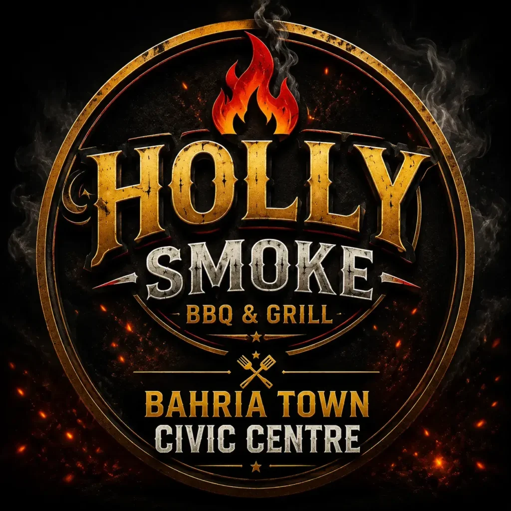 High-contrast circular promotional logo for “Holly Smoke BBQ & Grill – Bahria Town Civic Centre,” featuring a fiery flame icon above distressed gold and silver typography, surrounded by smoke and embers with a dark grilled aesthetic background.