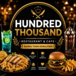 Mobile-optimized thumbnail of Hundred Thousand Bahria Town Rawalpindi, featuring a burger, pasta, milkshake, and blue beverage with elegant gold accents, promoting a high-end restaurant and café experience on South Islamabad Eats.