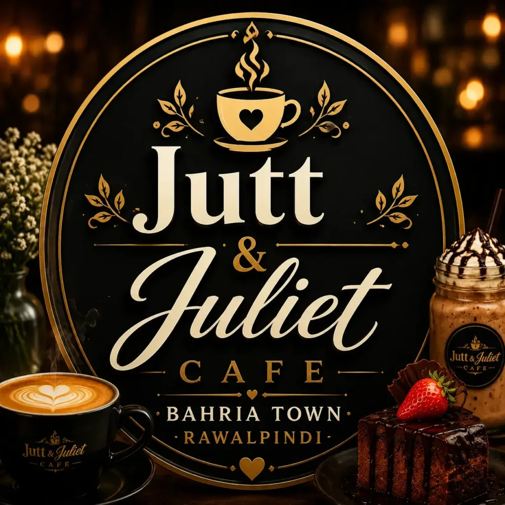 Premium circular logo-style thumbnail for “Jutt & Juliet Cafe – Bahria Town Rawalpindi,” featuring ornate gold detailing, a steaming coffee cup icon, desserts and café elements, with bold centered branding on a dark elegant background.