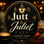 Premium circular logo-style thumbnail for “Jutt & Juliet Cafe – Bahria Town Rawalpindi,” featuring ornate gold detailing, a steaming coffee cup icon, desserts and café elements, with bold centered branding on a dark elegant background.
