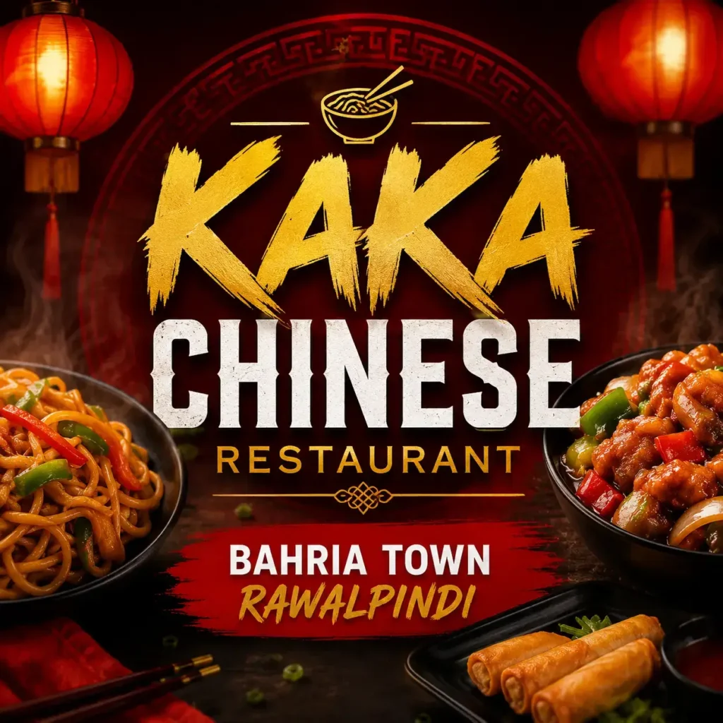 Kaka Chinese Restaurant Bahria Town Rawalpindi thumbnail with Chinese food, red lanterns, and centered restaurant name – South Islamabad Eats.