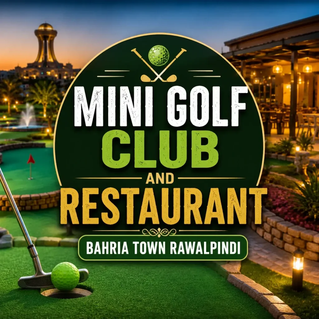 Mini Golf Club and Restaurant Bahria Town Rawalpindi thumbnail showing a golf ball, putting green, restaurant seating, and illuminated evening surroundings.