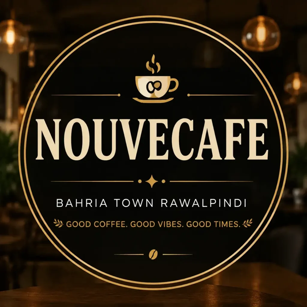 Square centered café logo design for “Nouvecafe” featuring a bold circular frame, coffee cup icon, and elegant typography with “BAHRIA TOWN RAWALPINDI” and tagline “Good Coffee. Good Vibes. Good Times.” set against a warm dark café background, optimized for social media thumbnail use.