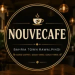 Square centered café logo design for “Nouvecafe” featuring a bold circular frame, coffee cup icon, and elegant typography with “BAHRIA TOWN RAWALPINDI” and tagline “Good Coffee. Good Vibes. Good Times.” set against a warm dark café background, optimized for social media thumbnail use.