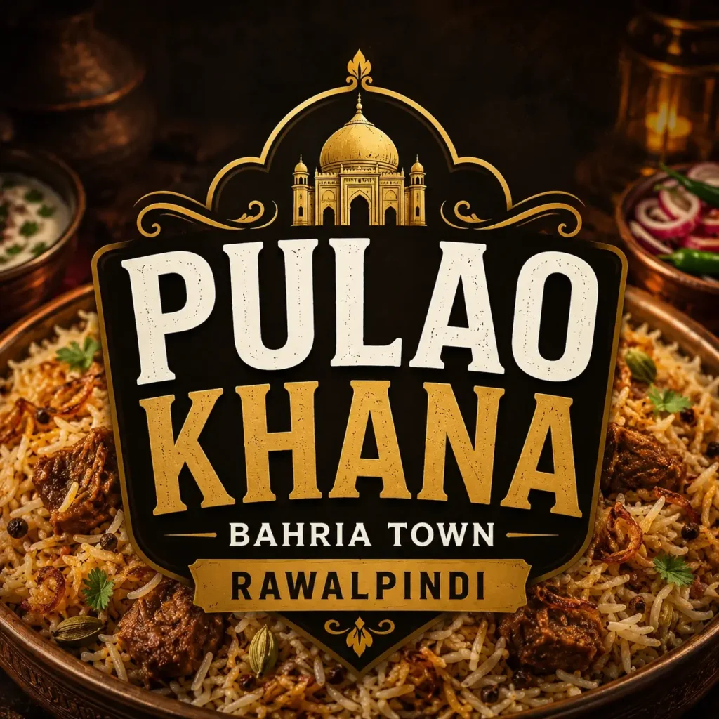Square thumbnail for Pulao Khana Bahria Town Rawalpindi showing flavorful meat pulao, aromatic rice, traditional décor and bold centered restaurant text.