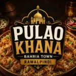 Square thumbnail for Pulao Khana Bahria Town Rawalpindi showing flavorful meat pulao, aromatic rice, traditional décor and bold centered restaurant text.